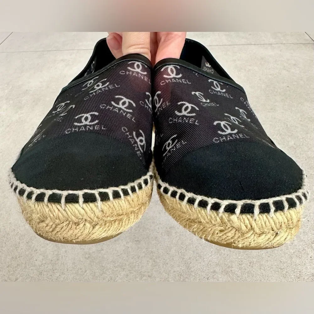 Chanel CC logo Mesh Grosgrain Cap Toe Black Espadrille Flats EU 37 US 6-6.5